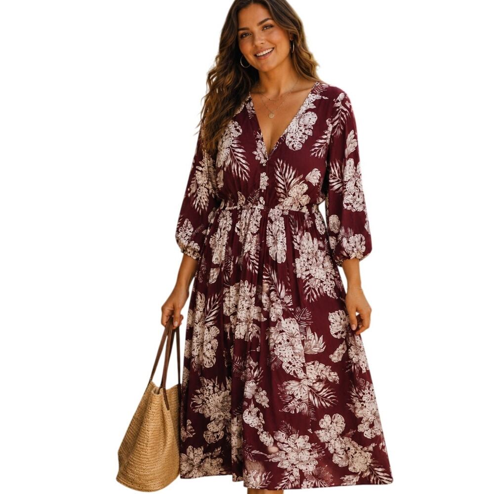 Torrid Challis Maxi Dress Womens Size 2X Neon Tropics Maroon Tiered V-Neck Boho